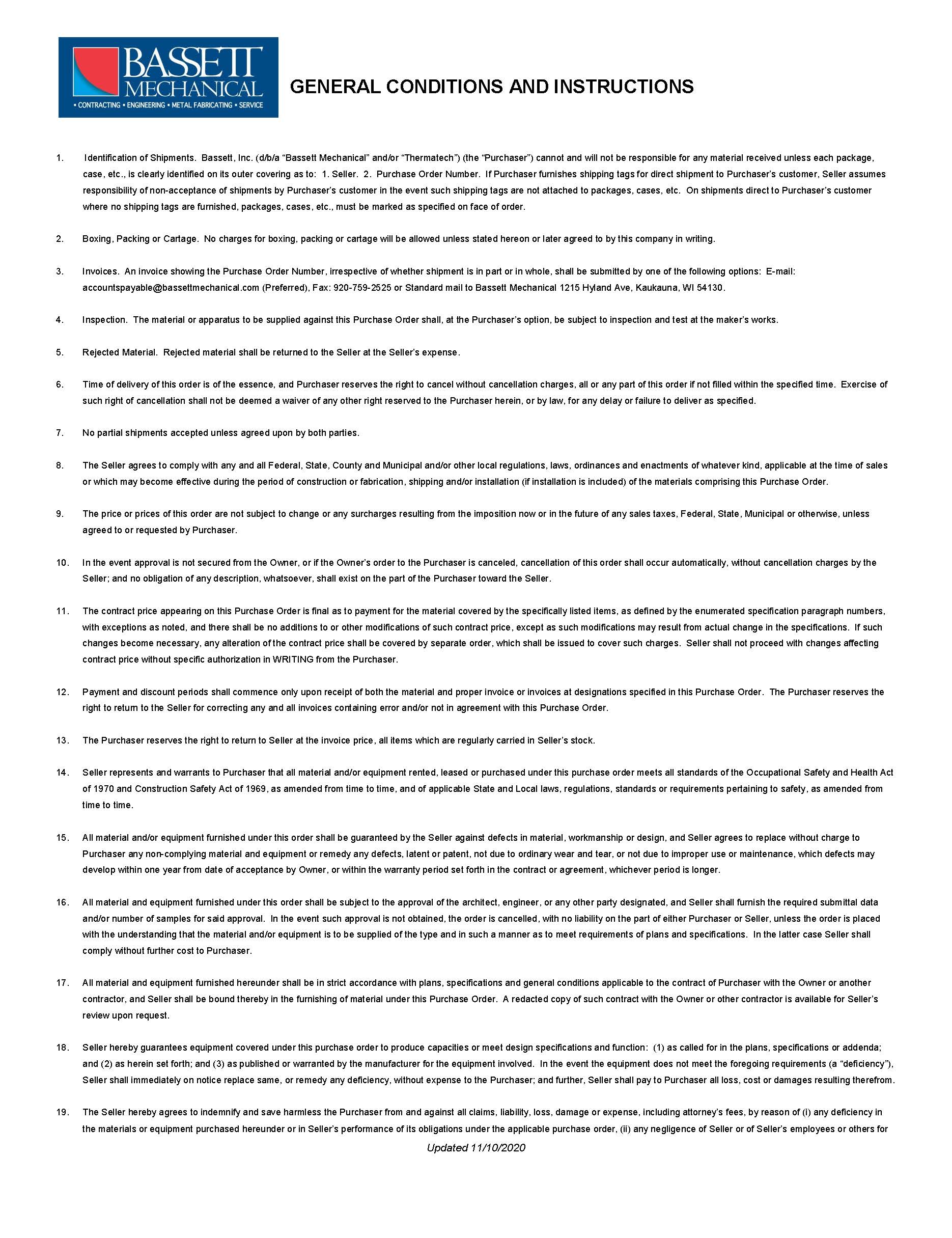 Bassett Mechanical Terms and Conditions Page 1